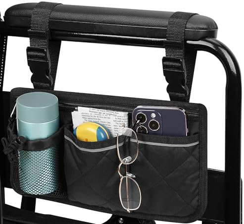supregear Rollstuhltasche für Armlehne, 6 Taschen, Walker Veranstalter Tasche mit Reflektierenden Streifen und Flaschenhalter für Jeden Rollstuhl, Elektromobil, Gehhilfe, Rollator Tragezubehör