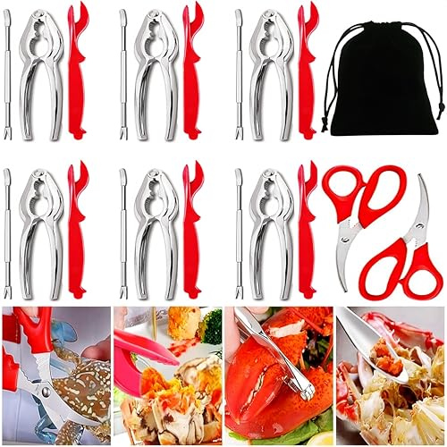 21 Pcs Seafood Tool Set, Crab Crackers And Tools Set, Include 6 Crab Crackers, 6 Shellfish/Seafood Forks, 6 Plastic Lobster Shellers, 2 Seafood Scissors & 1 Storage Bag