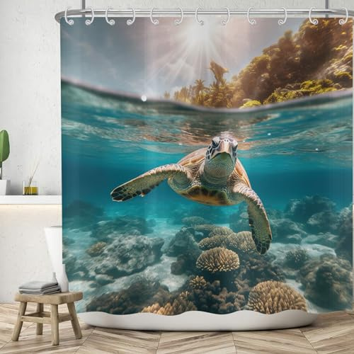ASDCXZ Meeresboden Duschvorhang 120x180 cm, Blau Ozean Meerestiere Schildkröte Schwimmen Sonnenschein Bad Waschbar Duschvorhänge Polyester Textil Wasserdicht Badevorhang für Badewanne mit 8 Haken