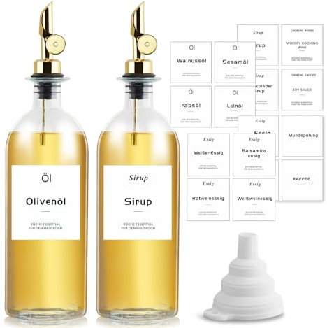 sunal Essig und Ölflaschen Set für Küche, 16,9oz/500ml Olivenöl Flasche Set mit Gewichtete Ausgießer,Glas Kaffee Sirup Spender mit Wasserdichtem Label×30, Silikon Trichter×1 (Golden,2er pack)