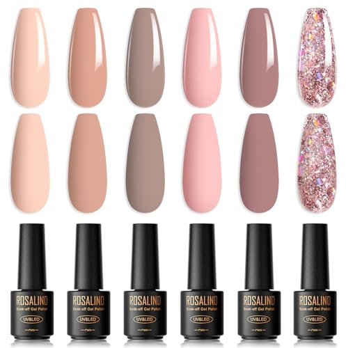 ROSALIND Esmaltes Semipermanentes Para Uñas,6 Colores Mini Nude Rosa Desnudo Beige Albaricoque Marrón De Color Claro Soak Off UV LED Pintauñas Gel Glitter
