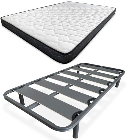 amuéblate online - Cama Completa con Colchón Fit Reversible (Cara Invierno/Verano) + Somier Reforzado 40x30mm con 4 Patas Metálicas Roscadas, 90 x 190