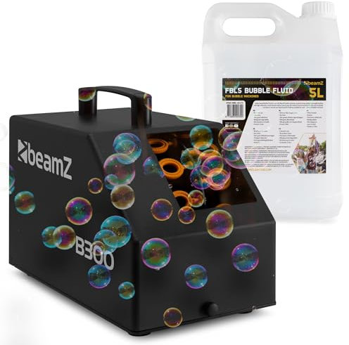 BeamZ B300 Seifenblasenmaschine mit 5L Flüssigkeit, Fernbedienung, 25 Watt, Luftblasenmaschine, Bubble Machine, 10.000 Bubbles pro Minute, Seifenblasen Hochzeit - Schwarz