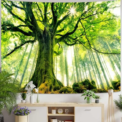 Skcess Wandtuch 200 x 200 cm Wandteppich Wald Natur, Wall Tapestry Landschaft Grün Wandtuch Baum Sonnenaufgang Tapisserie Jungle Wandbehang Wanddekoration