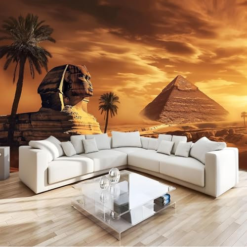 Mural Photo Wallpaper 300 x 210 cm Non-Woven 3D Photo Wallpaper Desert Ancient Egyptian Pyramids Sphinx Sofa TV Living Room Background Wallpaper Mural Gold Wall Decoration Art Wall Sticker