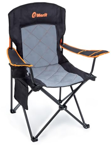 EMERIT Oversized Padded Camping Chair, 350LB Heavy Duty Quad Fold Chair with Arms, Collapsible Outdoor Chairs with Lumbar Back & Cup Holder