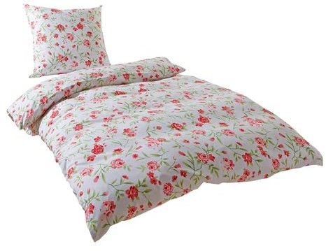 Traumschlaf Mikrofaser Ganzjahres Bettwäsche Set • Geblümtes Design in Weiß & Pink • Weich, Pflegeleicht & Atmungsaktiv • mit Reißverschluss • 1 Bettbezug 135 x 200 cm + 1 Kissenbezug 80 x 80 cm