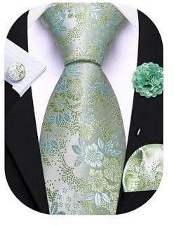 Barry.Wang Krawatte mit Blumenmotiv für Herren, Seidenkrawatte, Einstecktuch, Manschettenknöpfe, Set, formelle Hochzeit, Party, Business, Salbeigrün, Hellblau, Einheitsgröße
