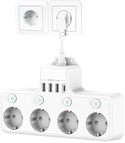 Steckdosenleiste mit USB, 4 Fach Unabhängige Schaltdosen Mehrfachsteckdose mit USB C (PD 20W) und 3 USB-A, Steckdosenadapter mit Kable USB Mehrfachstecker für Zuhause Büro(Weiß)