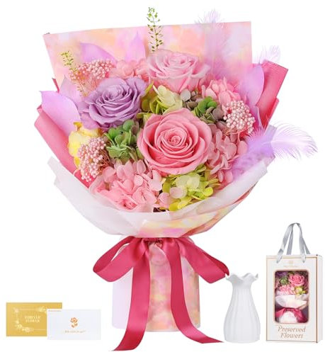 Bouquet de Roses Eternelle avec Vase, Fleur Eternelle Cadeau, Idée Boite Rose Eternel, Cadeau Femme, Saint-Valentin, Anniversaire, Fête des Mères, Grands-Mères, Copine, Amie (Rose et Violet)