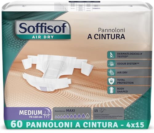 Soffisof Air Dry Pañales Adultos Maxi M - 60x Pañales para Adultos con Cinturón - Maxima Absorción Hasta 9 Gotas - 4 Paquetes de 15 Protecciones Incontinencia Hombre y Mujer
