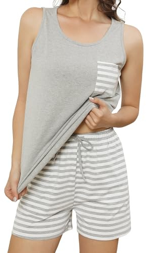 TeJoyce Pigiama Donna Estivo Corto, Pigiama Due Pezzi da Donna Cotone Leggero Senza Maniche Cotone E Canotta Pantaloncini a Righe, Abbigliamento Notte Donna per Casa Morbido e Comodo