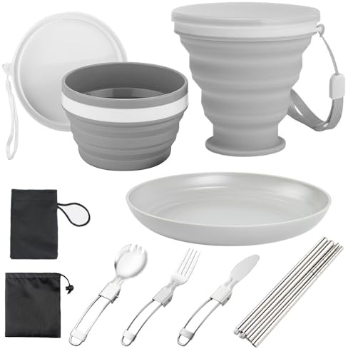BIZOI Camping Mess Kit, 9 in 1 Folding Portable Camping Plates and Bowls Set for Travel, Camping, Picnic, Hiking, Camping Cutlery Include Stainless Steel Knife, Spoon, Fork Cutlery Set, Cup,Bowl,Plate