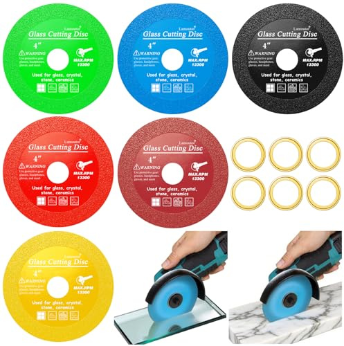 Lamoutor 6Pcs 4 Inch Glass Cutting Disc for Angle Grinder, Diamond Saw Blade, Tile Cutter Blade for Cutting Marble Glass Tile Jade Crystal（Green/Blue/Yellow/Black/Red/Orange）