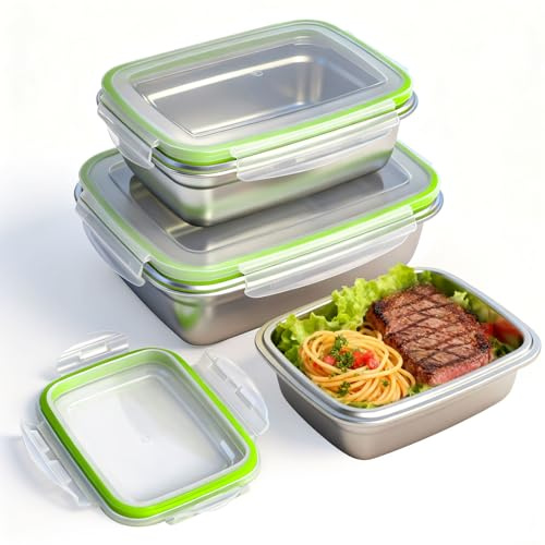 3 fiambreras de acero inoxidable, fiambreras con tapa, sin BPA y aptas para lavavajillas, fiambreras a prueba de fugas, fiambreras para niños, escuela, trabajo, los volúmenes de 1800 ml, 850 ml y 350