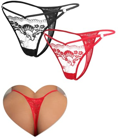 ohyeahlady G-String Pizzo Donna Vita Bassa Mini Perizoma Taglie Forti Elastiche Tanga Elastico T Indietro Thong T Back Mutandine Morbide Lingerie Curvy Slip Bikini Culotte M,Nero+Rosso