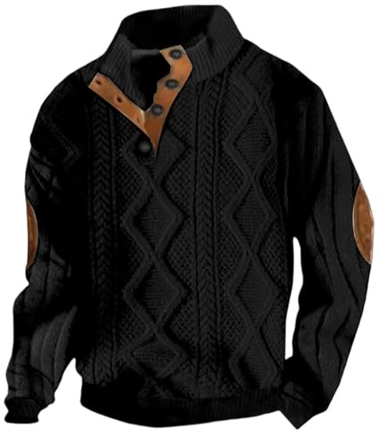Celanisai Jersey para hombre con patrón de trenza, jersey de punto grueso, cuello alto, suéter de trabajo, talla grande, con botones de 1/4, vintage, clásico, O negro., XL
