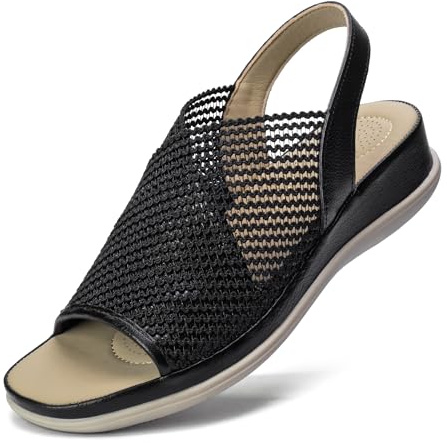 Mnking Sandales Compensées Femme Été Sandales Plateforme Orthopédique Confort Cuir Respirantes Tissu Maillé Bout Ouvert Slingback Wedge pour Marcher Loisirs Bureau