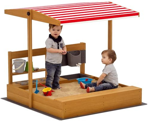Outsunny Sabbiera per bambini in legno con tetto regolabile, sabbiera per bambini con giocattoli da cucina, ripiano e 2 sedili, gioco per dai 3 ai 7 anni, per cortile, giardino, 114x110x110