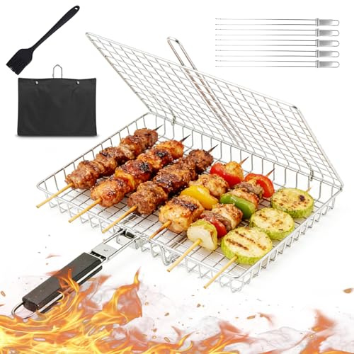 Cesta para Barbacoa de Acero Inoxidable, Parrilla Plegable Portátil con Mango Extraíble, Parrilla para Pescado con Bolsa y Cepillo, para Pescado, Carne, Verduras, Asado, Camarón, 32 x 22 cm