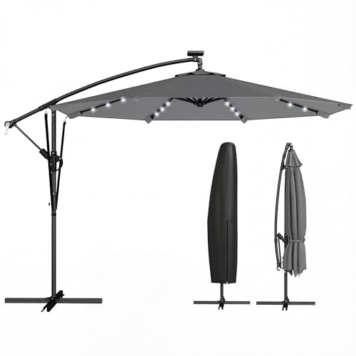 Outsunny Parasol Excéntrico con Luces LED Solares, Ø330 cm, Sombrilla de Jardín con Base Cruzada, Manivela, Funda Protectora y Cuerda de Viento, Anti-UV 50+, para Terraza, Patio, Gris Oscuro