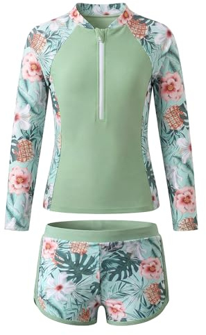 Keyck Traje de Baño Niña 2 Piezas Manga Larga Rash Guard Conjunto 5-14 Años | Estampado Top con Cremallera y Pantalones Cortos, UV Protección Solar, Secado Rápido, Bañador Playa Piscina Ropa para Niños