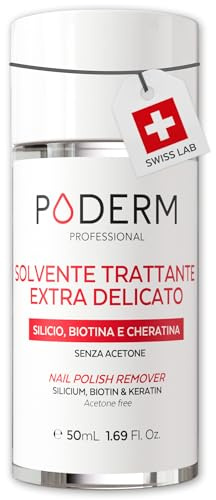 PODERM Solvente Extra Delicato Senza Acetone per Unghie Sensibili - 50 ML | Rimuove gli Smalti Intensi dalla Prima Passata | Fito-Cheratina, Biotina & Silicio | Creato da un Podologo