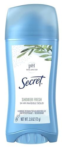 Secret Antiperspirant and Deodorant for Women, Invisible Solid Deodorant, 24 Hour Sweat and Odor Protection, pH Balanced, Gentle on Skin, Deodorant Stick for Women, Shower Fresh Scent, 2.6 oz