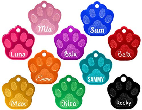 Hundemarke Pfote mit beidseitiger Gravur – Aluminium-Anhänger mit Wunschtext & Motiv – inkl. 2 Schlüsselringe – in diversen Farben – ca. 33 x 35 mm
