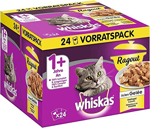 Whiskas 1 + Katzenfutter Ragout – Geflügel-Auswahl in Gelee – Abwechslungsreicher Geschmack durch verschiedene Geschmacksrichtungen – 2 x 24 Portionsbeutel à 85g , 85 g (48er Pack)