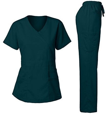 Dagacci Medical Uniform Women's Scrubs Set Stretch Ultra Soft Y-Neck Wrap Top and Pants Caribbean S