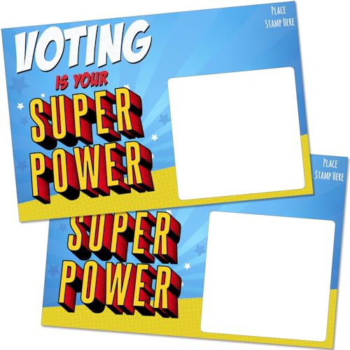 T MARIE 100 Bulk Voter Postcards 4x6” - Voting is Your Superpower Superhero Theme - Uncoated Cardstock for No Smearing and Blank Backside of Card to Write a Longer Message to Voters