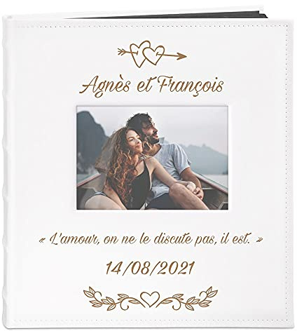 Maverton Album Photo Scrapbooking 33x30 cm en cuir blanc avec poche ouvrable, Cadeau mariage pour chaque couple Cadeau Personnalisé - Album photos vide sous forme de livre avec gravure - coeur