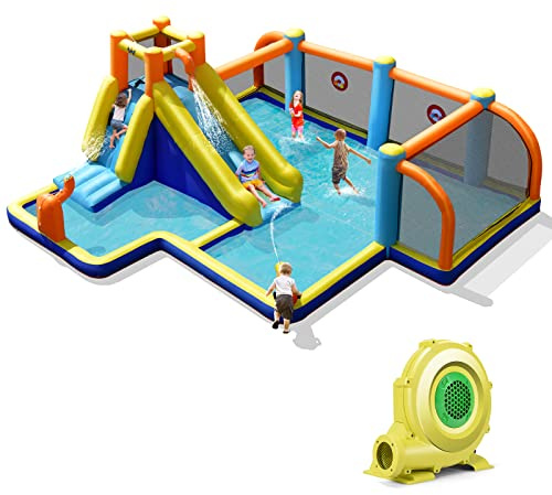 COSTWAY Tobogán Acuático Inflable con Tema Fútbol, Casa Inflable con Compresor, Tobogán Inflable Mojado Seco con Piscina, Pared para Escalar, Doble Hidrante, Zona para Fútbol, Soplador