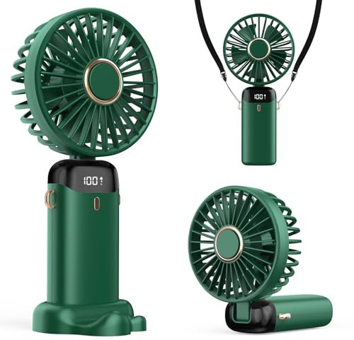 Refluxe Ventilador Portátil de Mano, USB 4200mAh con Pantalla LED, 3 en 1: Mano/Cuello/Escritorio, Plegable a 90°, para Verano, Oficina, Dormitorio, Viajes, Regalos para Adultos y Niños (Verde)