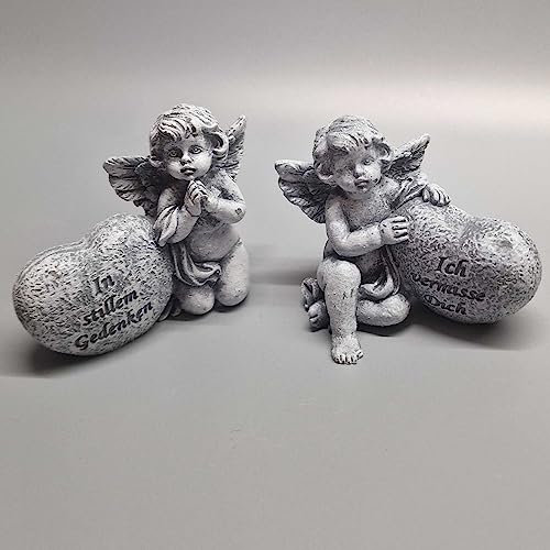 eberin · Kleiner Gedenkstein mit Engel · Engel Deko Figur · Grabschmuck · Engel mit Herz fürs Grab · Grabengel Friedhof (Spruch: Im stillen Gedenken)