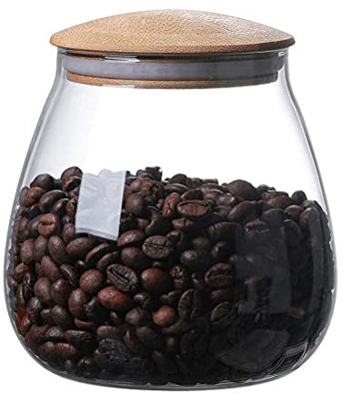 Barattolo di Vetro Borosilicato con Coperchio in Legno, Contenitore Trasparente per Cucina, 800ml, per Fagioli, Riso, Marmellata, Biscotti, Caramelle