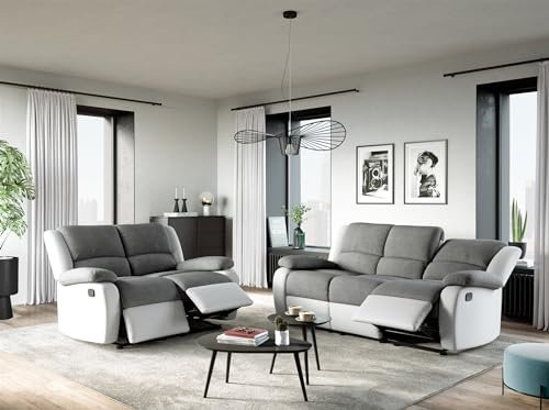 LOUNGITUDE - DETENTE - Canapé de Relaxation, Ensemble 3 + 2 Places - Manuel - en Simili/Microfibre - Gris/Blanc