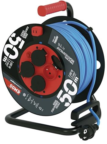 EMOS enrouleur de câble d'exteriéur, résistant au gel avec isolation en PVC durable, 50m de câble 1,5 mm2, 4 prises avec couvercles rabattables, IP44 étanche pour l'extérieur, l'industrie, le chantier