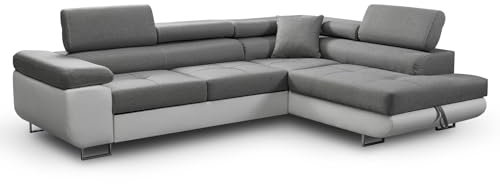 Ecksofa Aller L-Form mit Schlaffunktion und Bettkasten in Hellgrau + Kunstleder Weiß, rechte Ottomane.