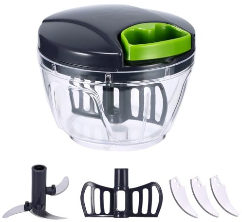 Tritatutto Manuale, Tritatutto in ABS con 3 Lame in Acciaio Inossidabile, Mini Tritatutto da 400 ml con Corpo in Tazza in PC, Taglia Cipolle per Insalata di Cipolle Pesto Prezzemolo Noci Salsicce Alim