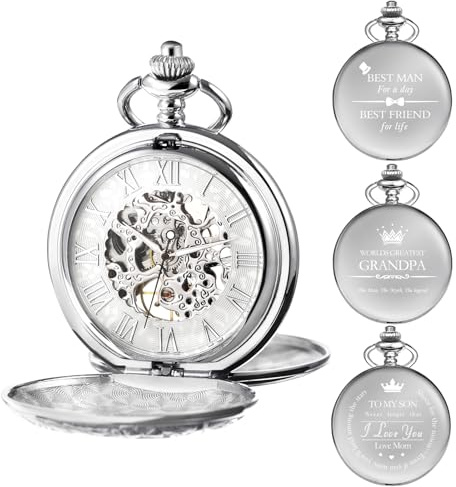 TREEWETO Reloj de bolsillo mecánico personalizado grabado esqueleto doble carcasa números romanos esfera personalizada con caja y cadena para hombre regalo para papá hijo, color plateado, Clásico