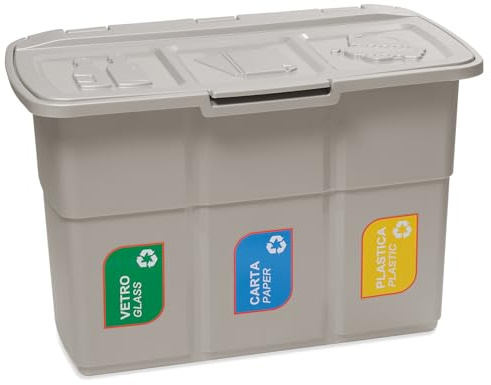 DEA HOME Pattumiera per raccolta differenziata Ecopat, 3 scomparti da 25 litri ciascuno, per ufficio, colore grigio tortora, 75x37x50 cm.