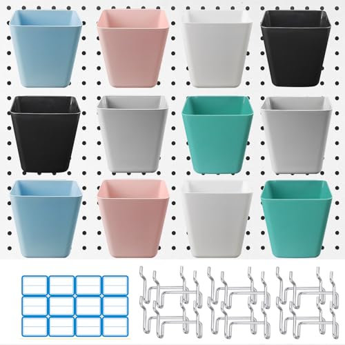 12 Stücke Stecktafel Aufbewahrungsbehälter, Stecktafel-Becher mit Haken und Etiketten, 6 Farben Quadratische Lochwand Zubehör, Pegboard Wand Organizer für Garage, Werkbank, Bastelraum, Büro, Küche