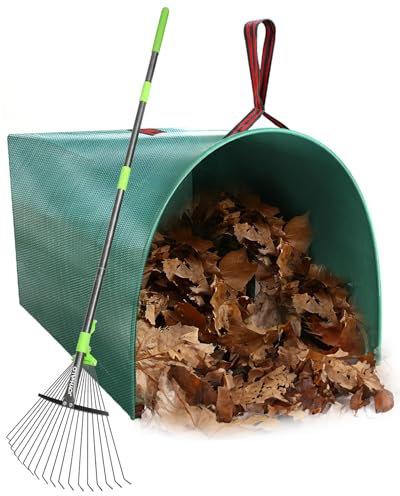 Joyhalo 63.4 Inch Rake for Leaves with 40 Gallon Dustpan-Typ Leaf Bags, Adjustable 18 Tines Metal Leaf Rake Set for Gardening Lawns Yard Outdoor Camping Shrub Grass Bush Grass Clippings