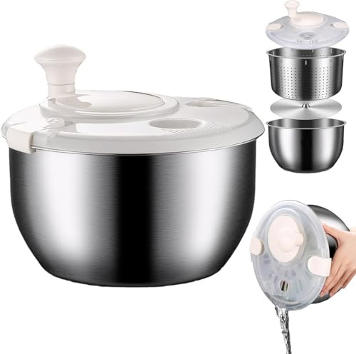 Centrifugador de ensalada de acero inoxidable de 6 L, secador de lechuga multifuncional y lavadora de verduras, cesta giratoria a prueba de óxido con tapa ergonómica de polipropileno, herramienta de