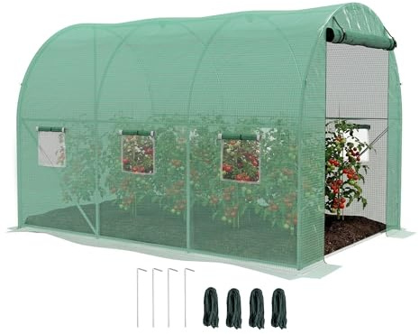 Outsunny Serre de Jardin Tunnel 6 m² Serre à tomates avec système d'arrosage intégré 3L x 2l x 2H m Acier renforcé + PE Haute densité 140 g/m² 6 fenêtres Porte Enroulable Vert