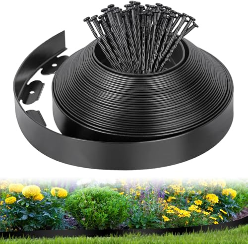 Bordes para Césped Flexible 10M x 5cm, Plástico Valla de Jardín con 50 Clavijas, Borde Delimitación para Césped para Jardine, Parterre, Camino de Patio, Negro