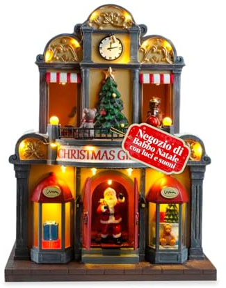 Avilia - Tienda de Papá Noel Animada con Luces LED y música navideña para Decoraciones Festivas y Adornos Luminosos, Pintada a Mano y fácil de Usar con Cable USB Incluido