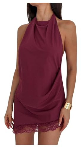 SHENHE Women's Lace Trim Y2k Long Halter Top Open Back Asymmetrical Sexy Going Out Top Burgundy Small
